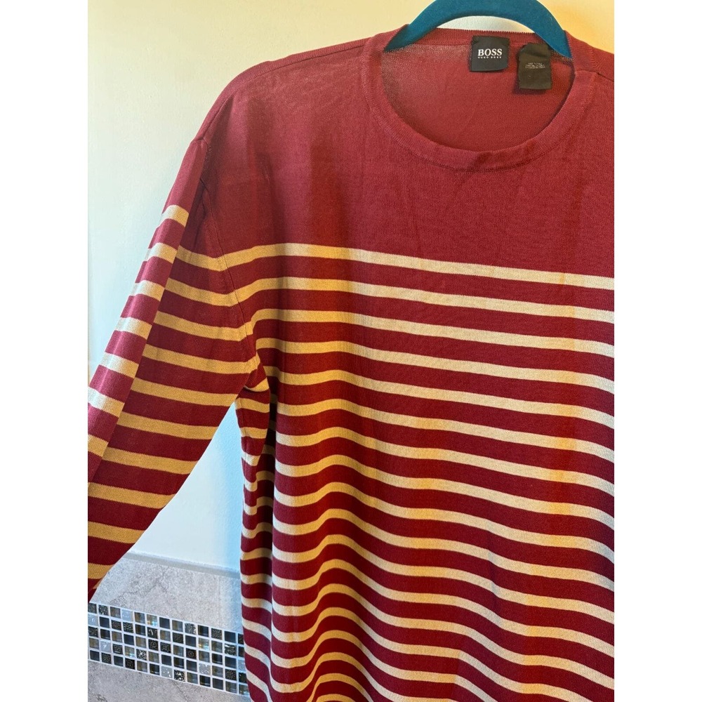 Boss by Hugo Boss Cranberry Red Beige Stripe Cotton Men's Sweater SZ 42 Italy